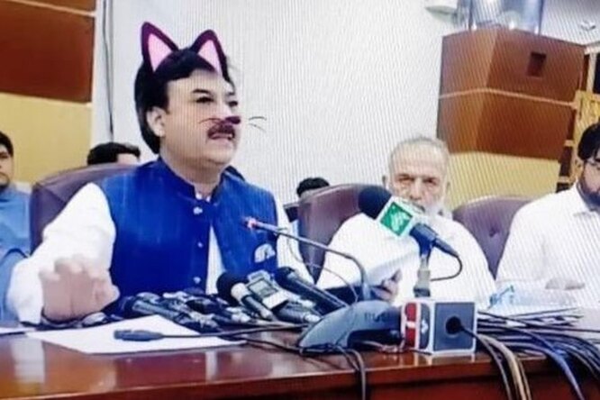 Во время пресс-конференции на пакистанского министра наложили фильтр кота. У политика появились кошачьи усы и уши