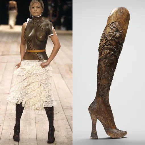 Модель на показе Givenchy осень-зима 1998 и ее сапоги-протезы