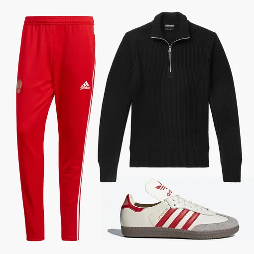 Тренировочные брюки adidas Football, 4000 рублей, джемпер Tom Ford, 77100 рублей, кроссовки adidas Originals Samba «Лужники», 10000 рублей