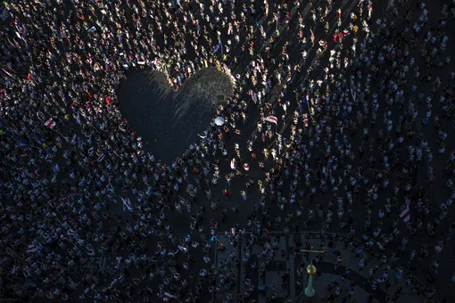 People protest against the election results and the ongoing violence after the Belarusian presidential elections, at Old Town Square in Prague, Czech Republic, 16 August 2020. Long-time president Alexander Lukashenko won the elections by a landslide with 80 percent of the votes, a result questioned and protested by the oppositions. Opposition leader Tikhanovskaya fled to Lithuania after rejecting the election results she claimed was rigged. Following the deathly crackdown on protesters, EU foreign ministers, during a video conference in Brussels on 14 August, approved sanctions against responsible officials in Belarus. EPA-EFE/MARTIN DIVISEK