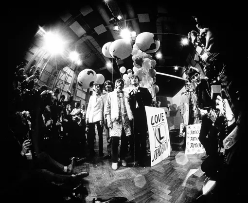 The Beatles at 'All You Need Is Love' Recording, Abbey Road Recording Studios, London, Britain — 1967The Beatles — Paul McCartney, George Harrison, Ringo Starr and John Lennon1967