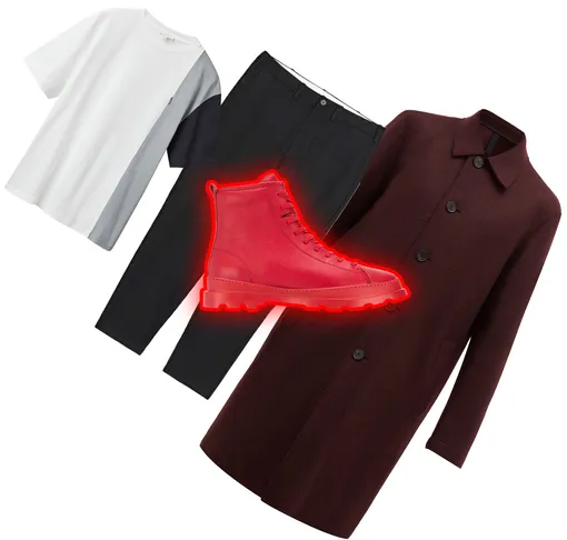 Пальто Harris Wharf London, €265; футболка COS, €45; брюки Arket, $119; обувь Champer, 14500 рублей