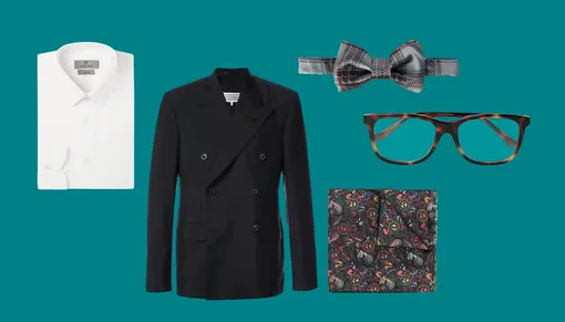 Рубашка Canali, костюм Maison Margiela, бабочка Valentino, очки Gucci, платок Paul Smith