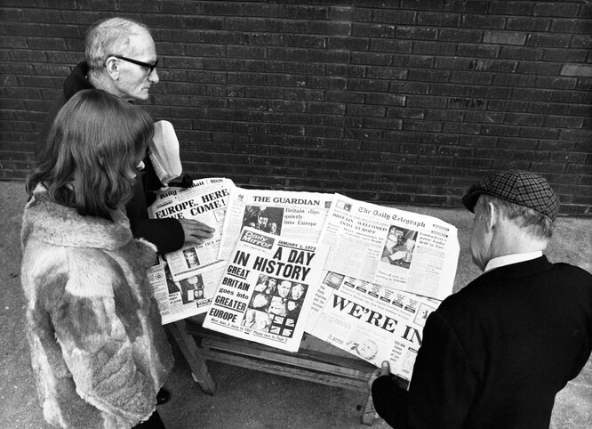 Заголовки лондонских газет о вступлении Великобритании в Европейское экономическое сообщество (ЕЭС) в 1973 году