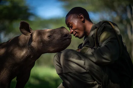 The Surrogate Mother by Martin Buzora, CanadaElias Mugambi is a ranger at Lewa Wildlife Conservancy in northern Kenya. He often spends weeks away from his family caring for orphaned black rhinos, such as Kitui (pictured). The young rhinos are in the sanctuary as a result of poaching or because their mothers are blind and cannot care for them safely in the wildPhotograph: Martin Buzora/2019 Wildlife Photographer of the Year/NHM