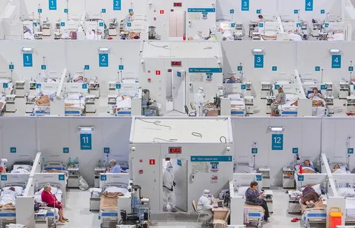 A general view of treatment blocks at a temporary hospital in the Krylatskoye Ice Palace, where patients suffering from the coronavirus disease (COVID-19) are treated, in Moscow, Russia November 13, 2020. Picture taken November 13, 2020. REUTERS/Maxim Shemetov