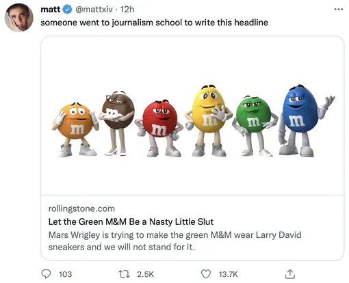 «Кто-то стал журналистом, чтобы написать этот заголовок: "Позвольте Зеленой M&M быть "»
