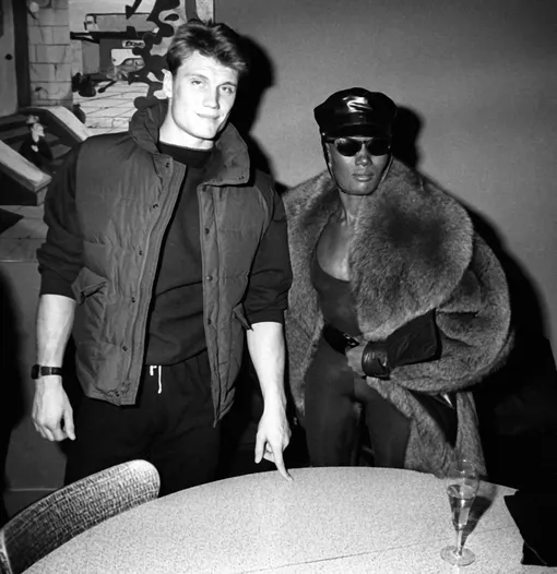 NEW YORK CITY — DECEMBER 31: Dolph Lundgren and Grace Jones attend Dolph Lundgren on December 31, 1983 at Kamikaze Club in New York City. (Photo by )