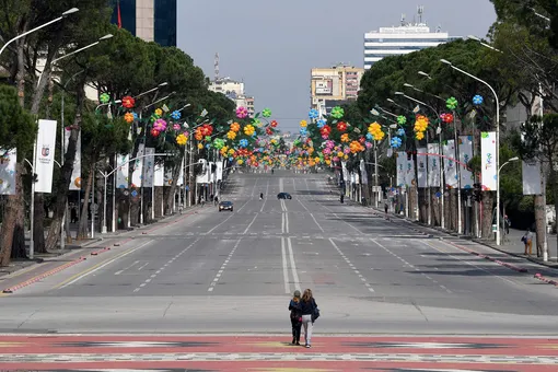 A picture taken on March 14, 2020, shows the empty main Boulevard of Tirana, amid the outbreak of COVID-19, the new coronavirus. — Albania has stepped up measures to contain the spread of COVID 19 and banned circulation of all cars (except ambulances and supplies) for three days and urged people to stay home as the number of infected people increased to 38. (Photo by Gent SHKULLAKU / AFP)