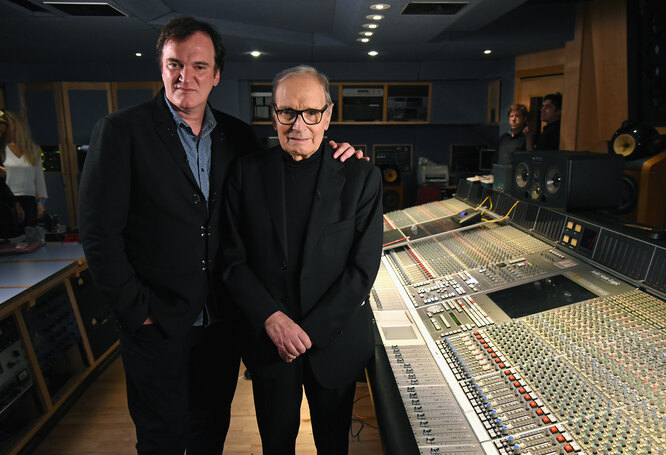 LONDON, ENGLAND — DECEMBER 09: Quentin Tarantino and Ennio Morricone pictured inside the control room at Abbey Road Studios ahead of the Live to Lathe Limited Edition Recording of the H8ful Eight Soundtrack on December 9, 2015 in London, England. КРЕДИТ Kevin Mazur/Getty Images for Universal Musi