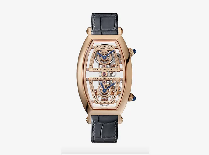 Часы Cartier Tonneau, циферблат из розового золота, ремешок из кожи аллигатора, два часовых пояса