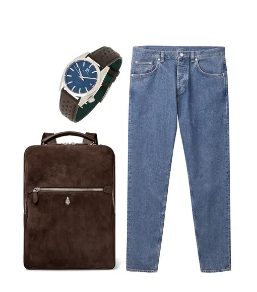 Джинсы, COS, €69; часы, March LA.B., 34 737 руб.; рюкзак, Mark Cross, €1614 Джинсы COS, €69; часы March La.b., 34737 рублей; рюкзак Mark Cross, €1614