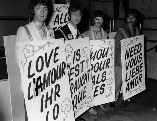 24th June 1967: The Beatles, from left to right Paul McCartney, John Lennon (1940 — 1980), Ringo Starr and George Harrison (1943 — 2001), rehearse for 'Our World' the BBC's contribution to a two-hour live global television broadcast, carried on four communications satellites, beaming to a record audience of 700 million viewers. (Photo by Central Press/Getty Images)