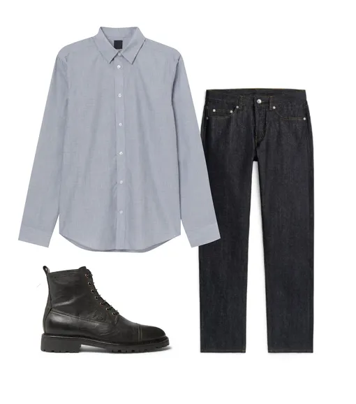 Джинсы, Arket, $138; рубашка, H&M, 1199 руб.; обувь, Belstaff, €411 Джинсы Arket, $138; рубашка H&M, 1199 рублей; обувь Belstaff, €411