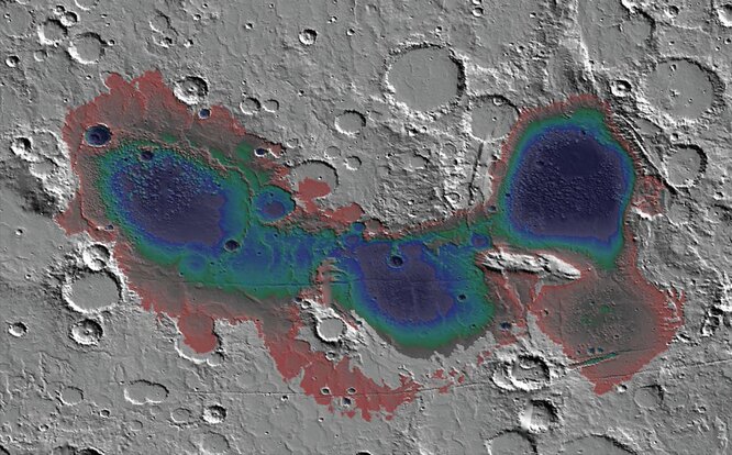Считается, что в бассейне Эридании на юге Марса около 3,7 миллиарда лет назад находилось море, а отложения на морском дне, вероятно, возникли из-за подводной гидротермальной активности. Здесь показана приблизительная глубина воды в этом море.