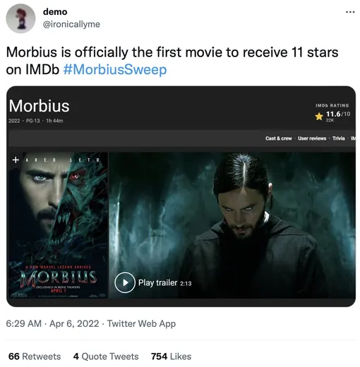 «Морбиус» — официально первый фильм, который получил 11/10 звезд на IMDb».