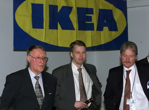 MOSCOW, RUSSIA: From left: Ingmar Kamprad, the chairman of Ikea World-wide, Anders Pahlvig, President of Ikea International division, and Lennart Dahlgren, the chairman of Ikea-Russia answer the media 22 March 2000 in Moscow prior the opening of the first Swedish furniture store Ikea in a northern Moscow suburb 22 March. The home furnishings giant is hoping to repeat in Moscow of its success elesewhere in Europe, where its range of easy-to-assemble and affordable furniture, tableware and accessories have gone down well with students and those on middle incomes. The Swedish outfit is targeting Russia's middle class, and the launch could prove important forother Western retailers who have so far been reluctant to enter the difficult Russian market. (Photo credit should read )