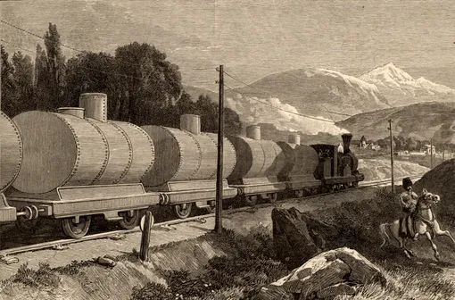 Поезд танкеров, перевозящих нефть из нефтяных скважин братьев Нобель в Баку