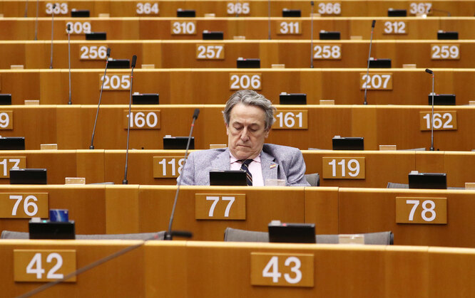 EP Hermann Tertsch attends a monthly plenary session of the European Parliament, shortened due to coronavirus outbreak, in Brussels, Belgium March 10, 2020. REUTERS/Yves Herman