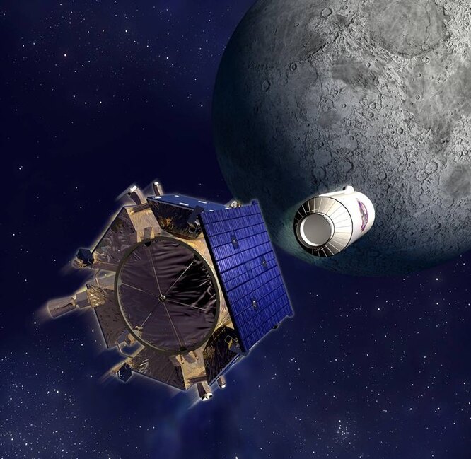 Подпись: Отделение аппарата LCROSS, принадлежавшего NASA и впервые надежно обнаружившего лед в приполярных районах Луны (водный лед хорошо отражает радиоволны)