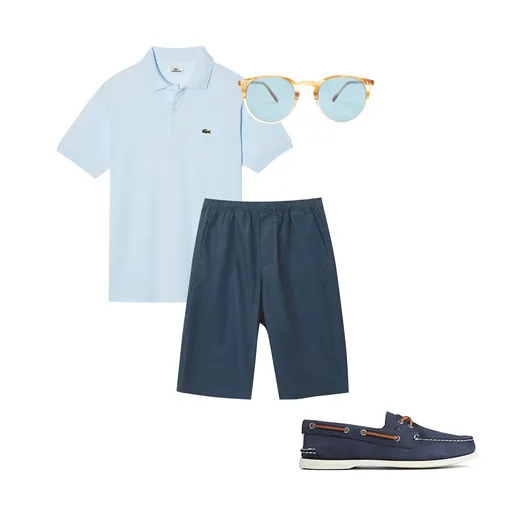 Шорты COS, $79; поло Lacoste, 6 384 руб. ; топсайдеры Sperry, $57; очки Oliver Peoples, €298