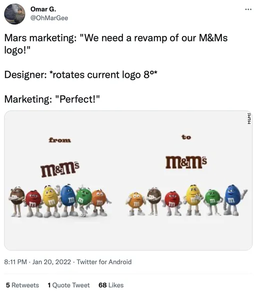 Маркетологи Mars: «Нам нужно изменить логотип M&M»Дизайнер: *поворачивает логотип на 8 градусов*Маркетологи: «Идеально!»