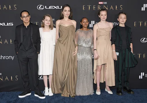Анджелина Джоли с сыновьями Мэддоксом и Ноксом и дочерьми Вивьен, Захарой и Шайло