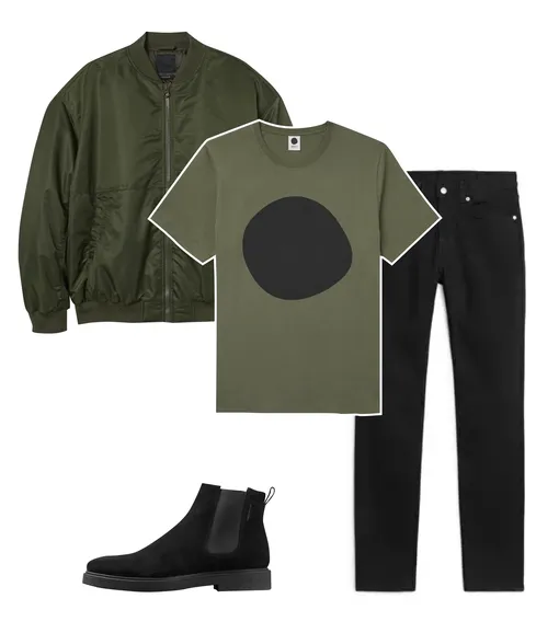 Бомбер H&M, 7499 рублей; футболка NN07, €47; джинсы Arket, $79; челси Vagabond, 10500 рублей