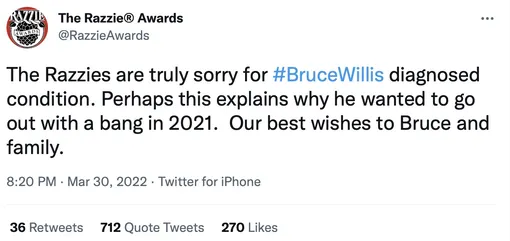 «Сотрудники "Малины" выражают соболезнования Брюсу Уиллису в связи с его диагнозом. Возможно, это объясняет, почему в 2021 году он решил уйти красиво. Мы желаем Брюсу и его семье всего самого лучшего»