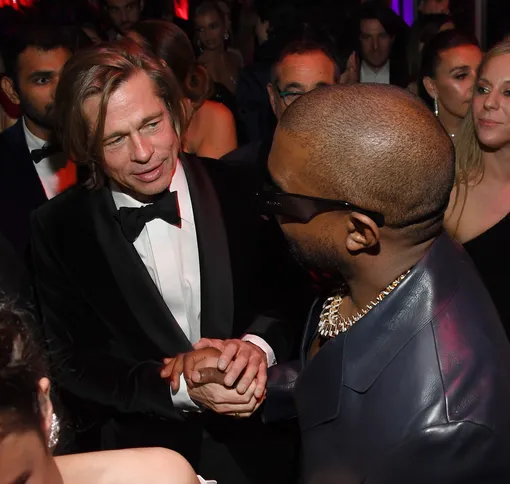 Brad Pitt and Kanye West attend the 2020 Vanity Fair Oscar Party hosted by Radhika Jones at Wallis Annenberg Center for the Performing Arts on February 09, 2020 in Beverly Hills, California. (Photo by Kevin Mazur/VF20/WireImage)