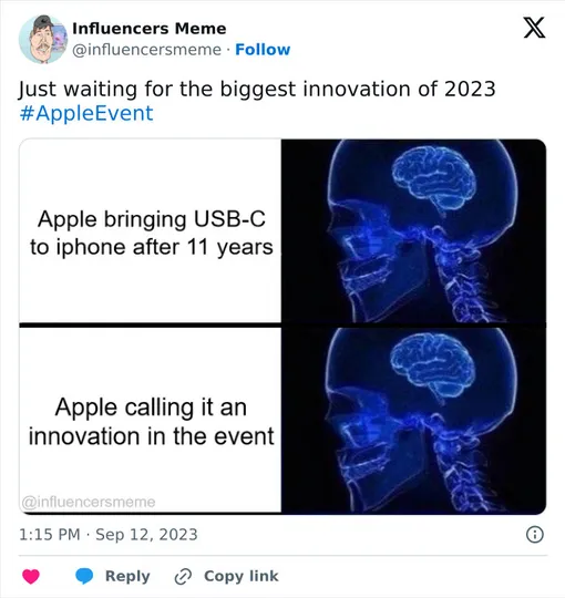 «Просто жду главную инновацию 2023. Apple делает разъем UCB-C у iPhone спустя 11 лет. Apple называет это инновацией» «Просто жду главную инновацию 2023. Apple делает разъем UCB-C у iPhone спустя 11 лет. Apple называет это инновацией»