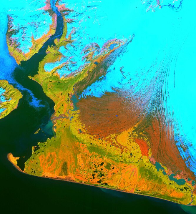 Это изобрежение со спутника ASTER охватывает площадь 40 на 55 километров над юго-западной частью ледника Маласпина и Ледяной залив на Аляске. Снег и лед на снимке — светло-голубые, густая растительность — желто-оранжевая и зеленая, а гравийные участки — оранжевым. По словам доктора Денниса Трабанта (Геологическая служба США, Фэрбенкс), ледник Маласпина истончается. Терминальная морена защищает его от контакта с открытым океаном; без морены, или если уровень моря поднимется достаточно, чтобы соединить ледник с океаном, он начнет терять массу. Данные ASTER используются для мониторинга размеров и движения примерно 15 000 приливных и предгорных ледников на Аляске. Сейчас данные говорят о том, что всего несколько десятков ледников Аляски растут. Подавляющее большинство из них отступают.