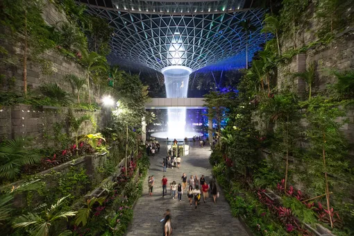 В сингапурском аэропорту Чанги есть огромный водопад и высажен целый сад