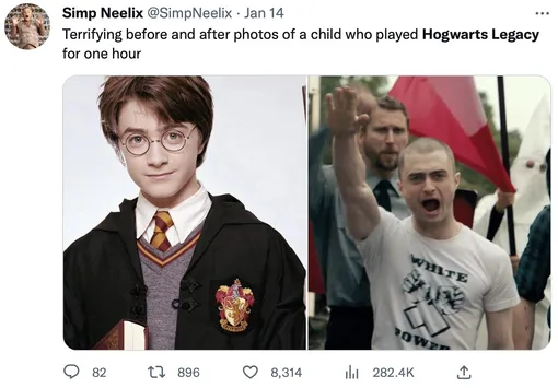 «Ужасающие фотографии ребенка до и после часа игры в Hogwarts Legacy»