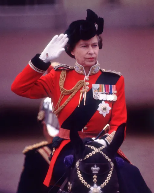 1979: Queen Elizabeth II takes the salute during the Trooping the Colour ceremony in London. (Photo by Keystone/Getty Images)