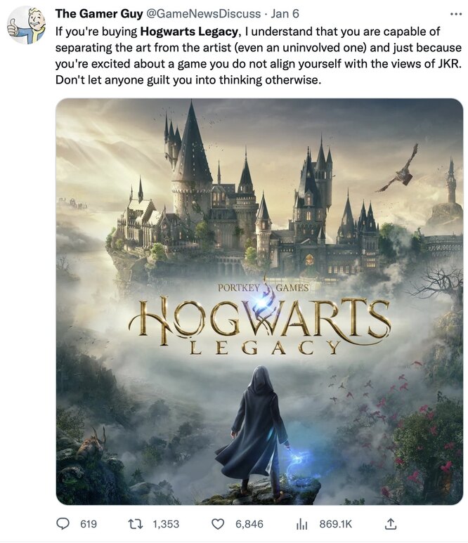 «Если вы купите Hogwarts Legacy, я пойму, что вы можете отделить творчество автора от его личности. Кроме того, вы осознаете: любовь к игре не говорит о том, что вы разделяете взгляды Роулинг. Не позволяйте другим несправедливо обвинять вас в чем-либо»