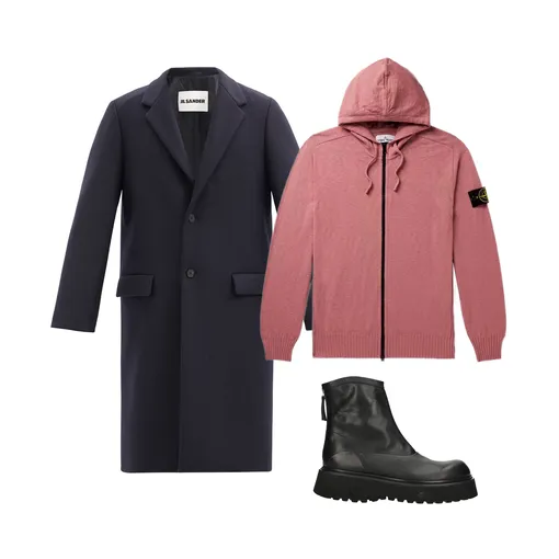 Пальто Jil Sander, €1 298; худи Stone Island, €400; обувь Premiata