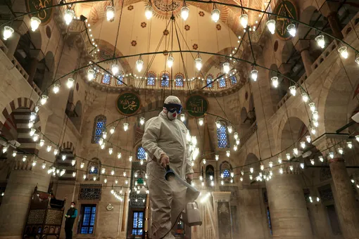 A member of Istanbul's Municipality disinfects the Kilic Ali Pasa Mosque to prevent the spread of the novel coronavirus, in Istanbul, Turkey, 11 March 2020. Turkish Health Minister Fahrettin Koca has announced the first coronavirus COVID-19 case in Turkey. EPA-EFE/SEDAT SUNA