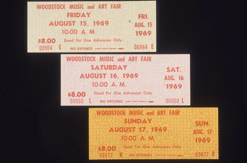 August 1969: Closeup still life of three single-day admission tickets for the Woodstock Music and Arts Fair in Bethel, New York.