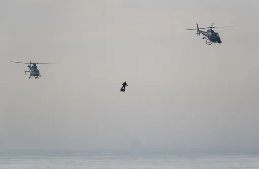 French inventor Franky Zapata lands near St Margaret's beach, Dover after crossing the Channel on a jet-powered hover-board.