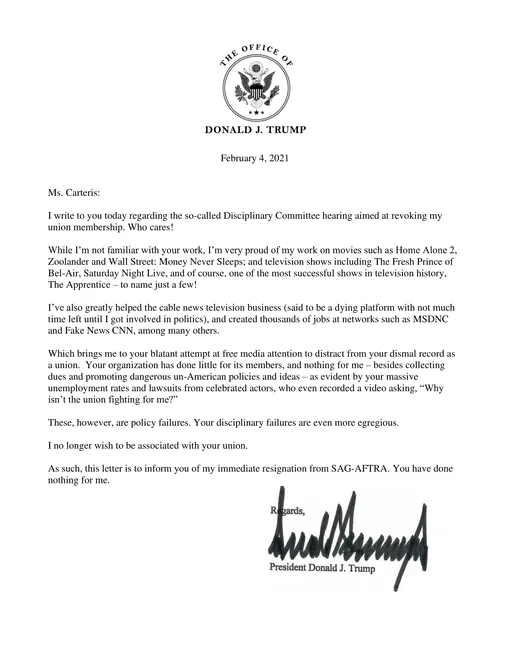 Письмо Дональда Трампа, адресованное президенту Гильдии киноактеров США Габриэль Картерис