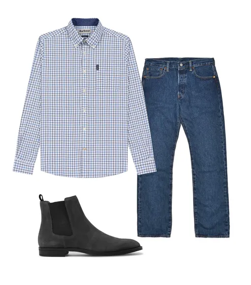 Джинсы, Levi's, 7500 руб.; рубашка, Barbour, 7290 руб.; обувь, Hugo Boss, €302 Джинсы Levi's, 7500 рублей; рубашка Barbour, 7290 рублей; обувь Hugo Boss, €302