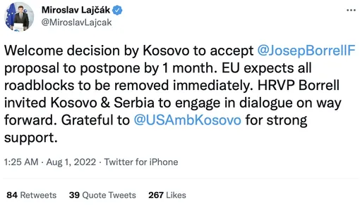 «Приветствуем решение Косово принять предложение Борреля и отложить (введение запрета) на один месяц. ЕС ожидает немедленного устранения всех блокпостов. HRVP Borrell пригласил Косово и Сербию к диалогу о дальнейших действиях. Благодарен@USAmbKosovo за мощную поддержку.