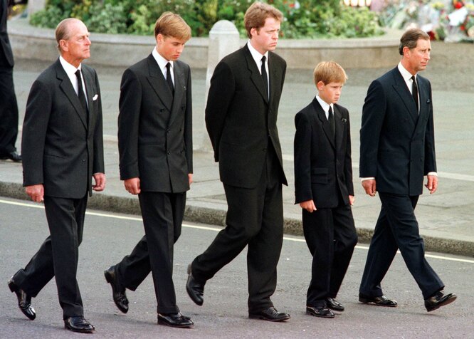 (L to R) The Duke of Edinburgh, Prince William, Earl Spencer, Prince Harry and Prince Charles walk outside Westminster Abbey during the funeral service for Diana, Princess of Wales, 06 September. Hundreds of thousands of mourners lined the streets of Central London to watch the funeral procession. The Princess died last week in a car crash in Paris.