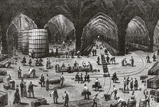 Производство шампанского Mercier в Эперне, Франция. Иллюстрация XIX века из журнала La Nature, 1884 год