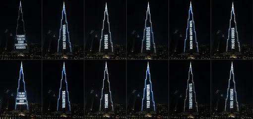 Самое высокое здание в мире «Бурдж Халифа» провела серию инсталляций в поддержку тех, кого больше всего затронула пандемия коронавируса