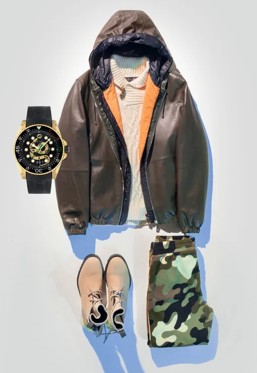Бомбер Diego M, свитер Brooks Brothers, часы Gucci Dive, пуховик Diego M, ботинки Dior Men, брюки Puma