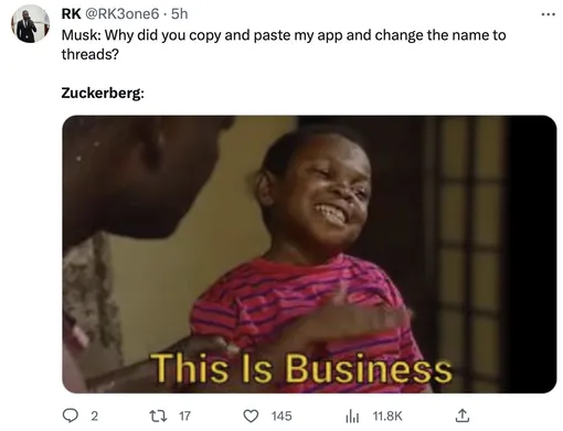 «Маск: Почему ты скопировал мое приложение и назвал это Threads? Цукерберг: Это бизнес»