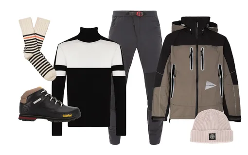Куртка and Wander, 76 965 руб.; свитер Fusalp, 25 970 руб.; штаны Klättermusen, €174; шапка Stone Island, 9 150 руб.; носки Thunders Love, $28 ; ботинки Timberland, 12 731 руб.