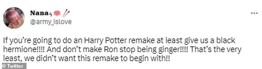 «В ремейке "Гарри Поттера" темнокожей должна быть хотя бы Гермиона!!!! И Рон должен по-прежнему рыжим!!!! Другой ремейк нам не нужен!!»